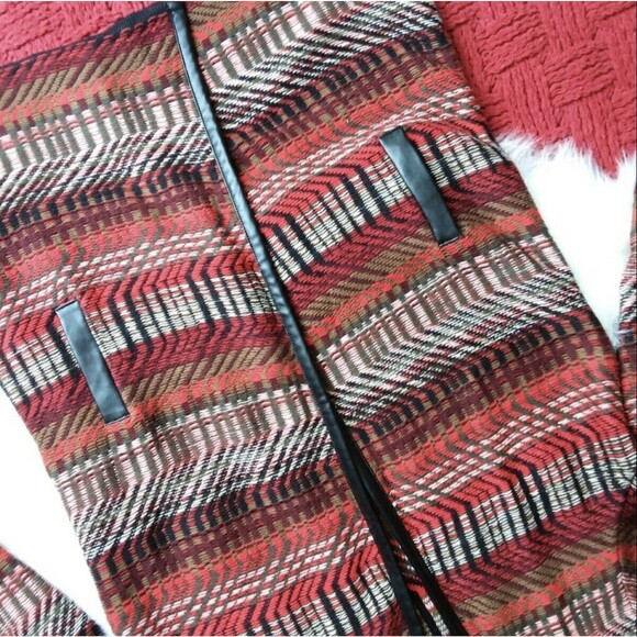 Rafaella Duster Cardigan Long Sleeve Faux Leather Trim Red Multicolor LP - Picture 7 of 9